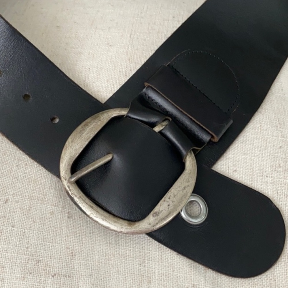 Classic Black Leather Belt with Antique Silver Round Buckle